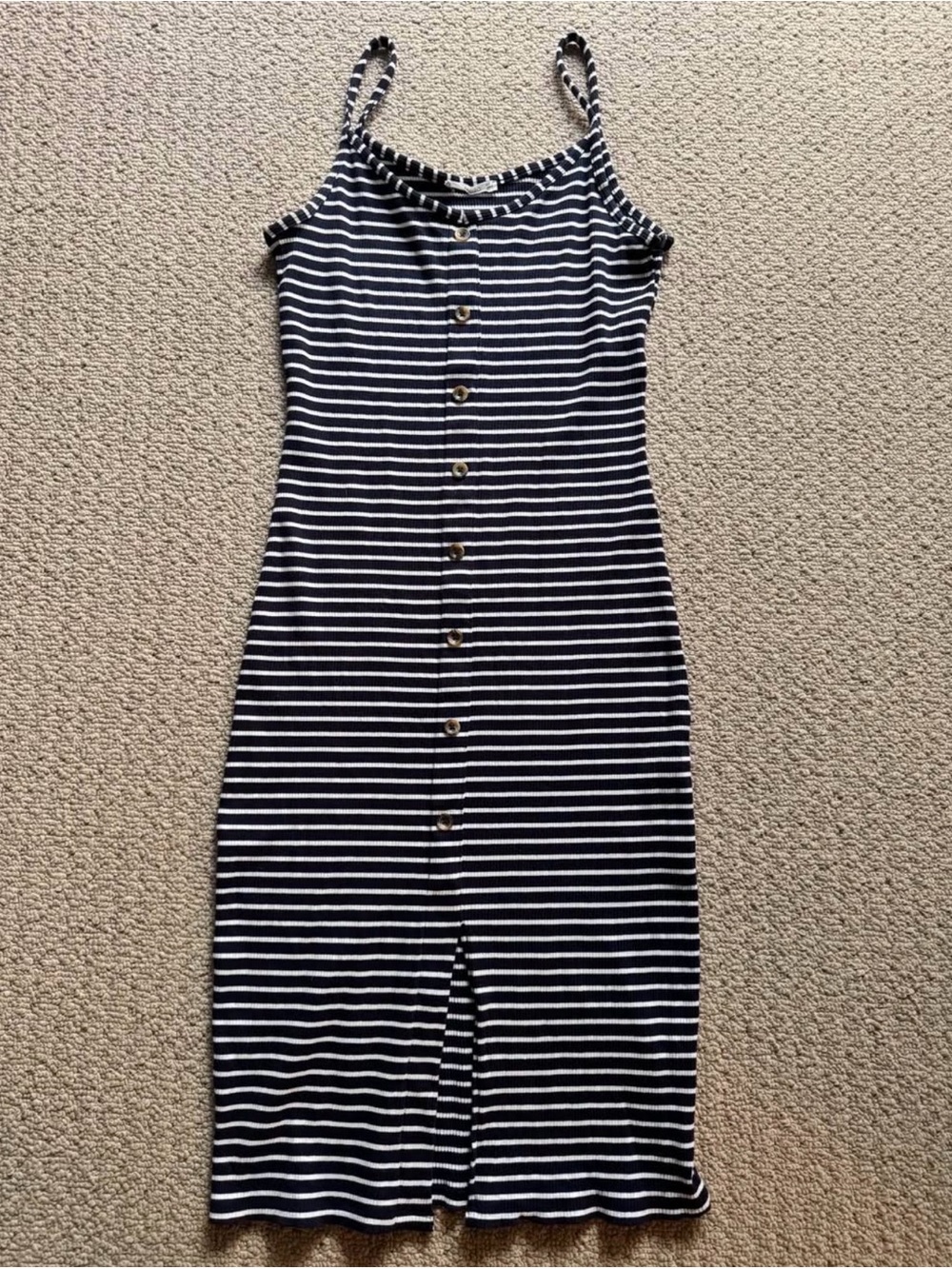 Mango Navy and White Striped Button-Front Midi Dress